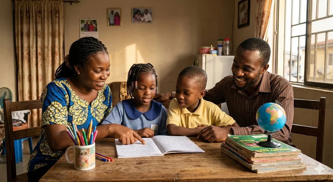 Nigerian family learning together at home